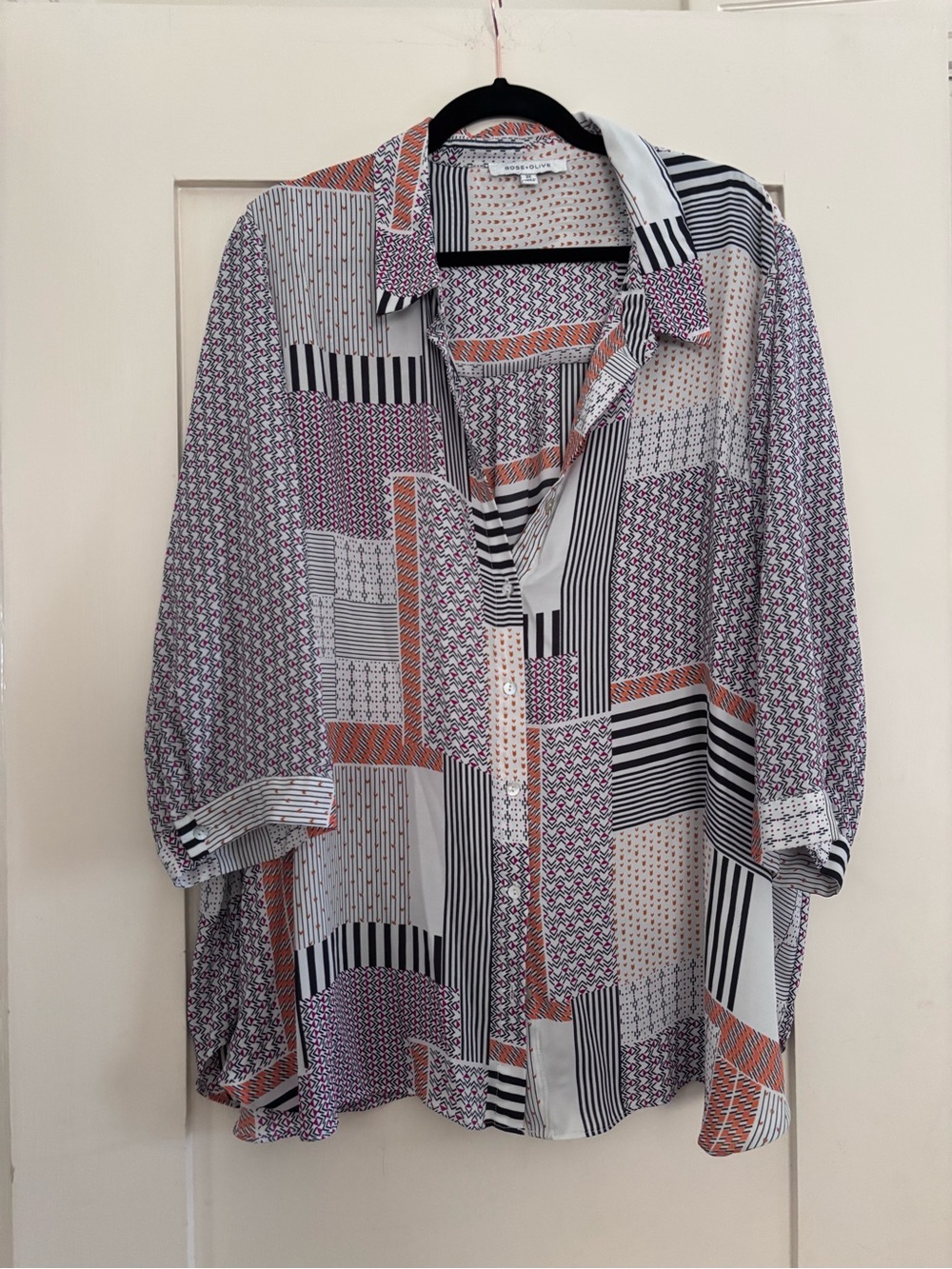 Rose & Olive White Button-Down Shirt with Black Stripes & Orange Accents